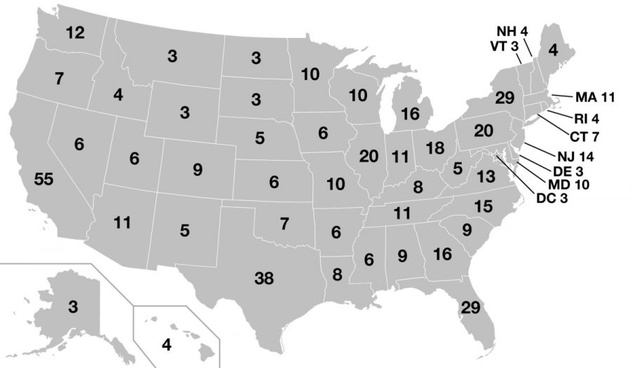 Map of electoral votes per state. (history.com)