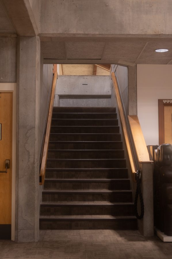 The stairway to the library's second floor. Not a step closer than this, underclassmen.