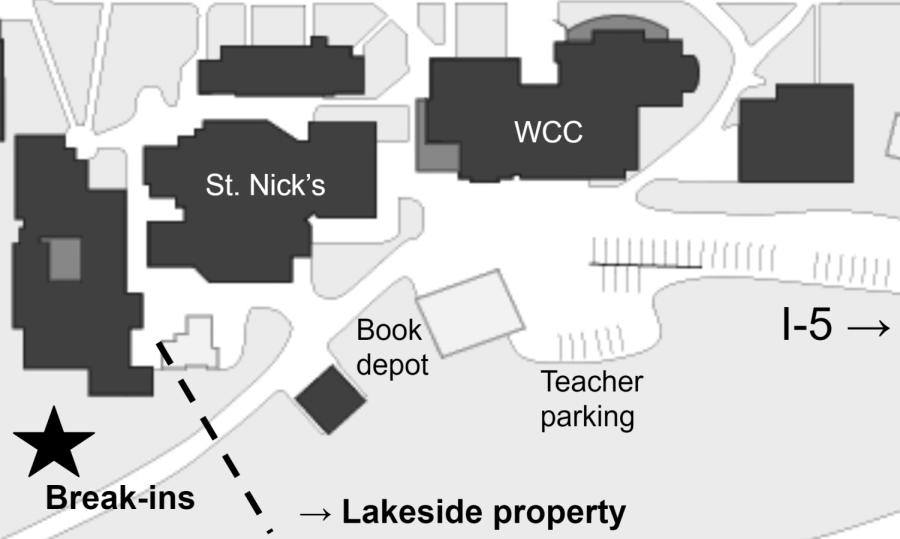 Diagram showing the location of the break-ins in relation
to Lakeside’s property. (Zane R. ’24)