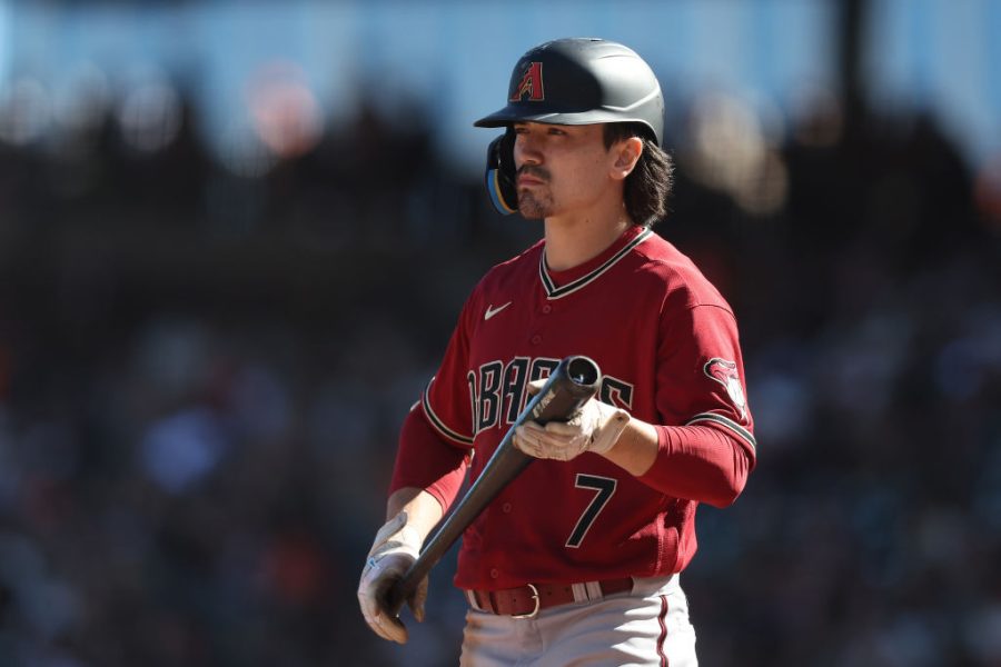 SAN FRANCISCO, CALIFORNIA - OCTOBER 02: Corbin Carroll #7 of the Arizona Diamondbacks looks on from at home plate against the San Francisco Giants at Oracle Park on October 02, 2022 in San Francisco, California. (Photo by Lachlan Cunningham/Getty Images)