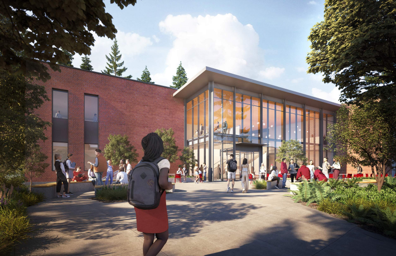 Students will enter Lakeside’s new building via outdoor spaces designed for socializing and learning.